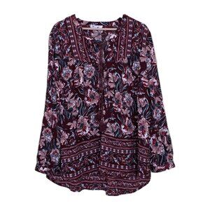 DR2 Tunic Top Womens XL Brown Multicolor Babydoll Floral Peasant Boho Lagenlook